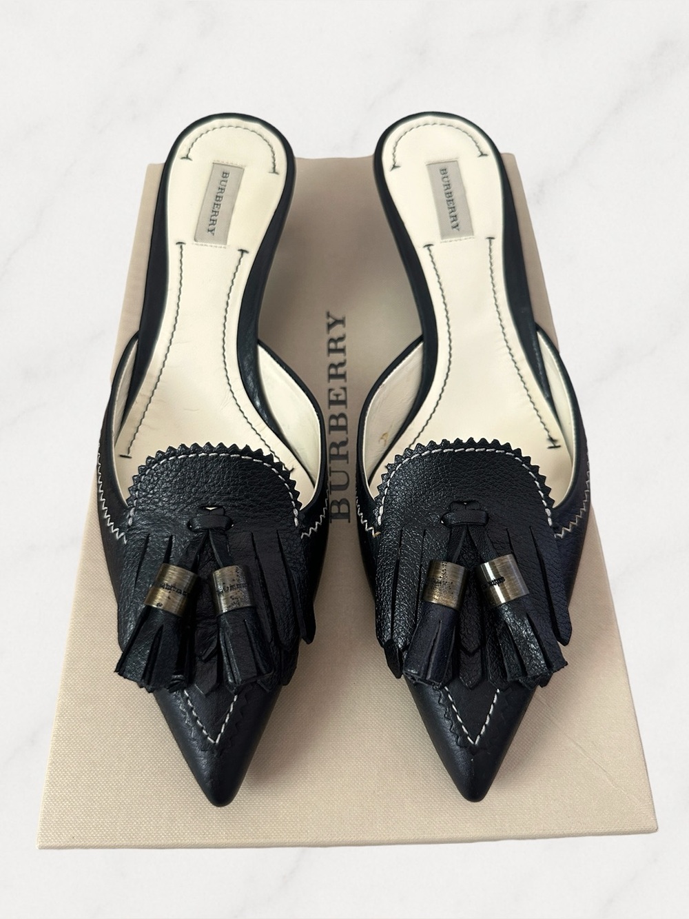 Burberry Kiltie Kitten Heel Mule